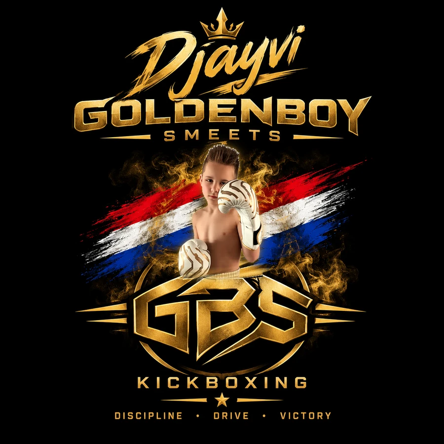 Djayvi 'GOLDENBOY' Smeets in bokshouding met witte en gouden bokshandschoenen, in het GBS Kickboxing-logo